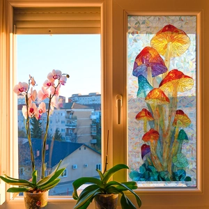 Vibrant 3D mushroom static cling window film with colorful laser geometric texture