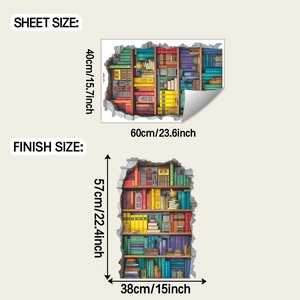 3D rainbow bookshelf wall sticker with sheet size 40x60cm and finished size 57x38cm