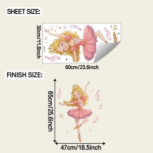 Detail view of ballet girl wall sticker showing sheet size and finish size dimensions