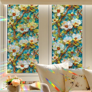 Frosted glass privacy film with laser 3D floral magnolia design for home windows