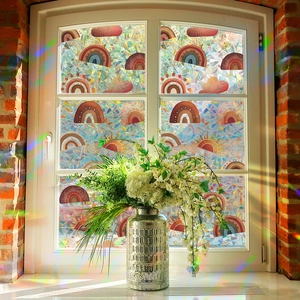 Rainbow prism glass window film with bohemian cartoon clouds and sun for home decor