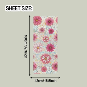 Detail view of colorful floral glass sticker showing size 42cm by 100cm for home decor