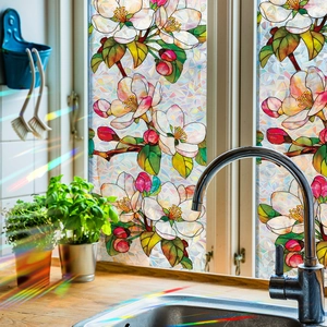 Regenbogen Laser-Glasfolie für Privatsphäre mit bunten Magnolien und Blattmustern