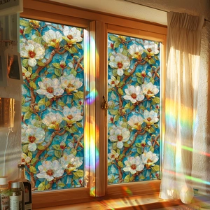 3D laser floral glass window film with magnolia branch and rainbow prism lighting