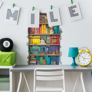 3D wall sticker featuring a realistic creative recessed bookshelf for home wall decor