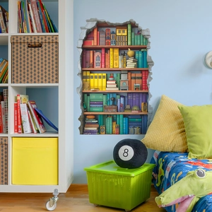 3D broken wall bookshelf wall sticker with colorful books for home living room decor