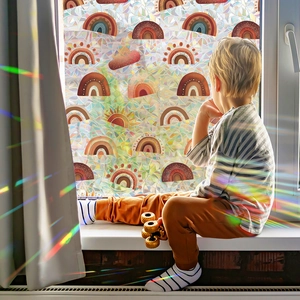 Rainbow window film with laser geometric pattern and boho sun cloud cartoon stickers