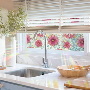 Laser colorful pink floral window film with frosted glass texture for home decoration