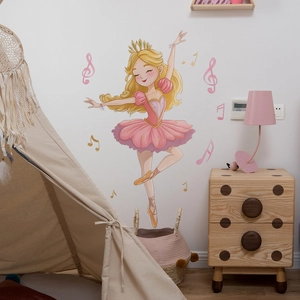 Cartoon ballet princess wall sticker with musical notes for girls bedroom decoration