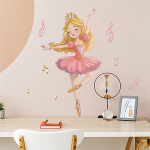 Cartoon ballet princess wall sticker with golden musical notes for girls bedroom decor