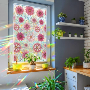 Rainbow laser floral window film with 3D daisy pattern for glass privacy and home decor