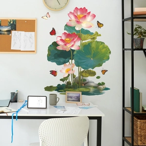 Stickers muraux lotus et papillons de style encre de chine pour décor de maison