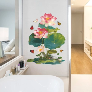 Sticker mural imperméable avec fleurs de lotus roses, feuilles vertes et papillons pour salle de bain