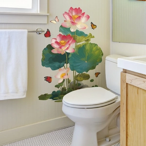 Stickers muraux imperméables en PVC avec lotus et papillons pour décoration de salle de bain