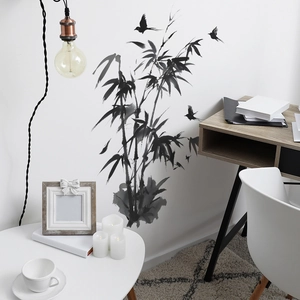 Wandtattoo Bambus im Tuschestil mit Vögeln für die Arbeitszimmer-Dekoration