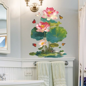 Sticker mural autocollant avec lotus roses et feuilles vertes pour décoration de bain