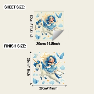 Detailed sheet and finish size dimensions for unicorn and fairy wall decal stickers