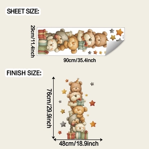 Detailed sheet size and finish size guide for cartoon bear and stars wall decals