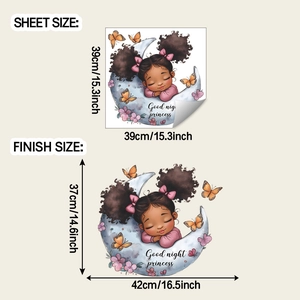 Detail view of cartoon girl sleeping on blue moon wall sticker with size dimensions