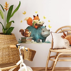 Watercolor animal wall sticker featuring a fox reading on a hippo for kids room decor