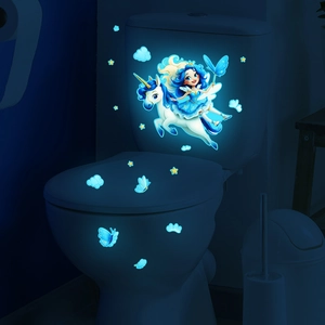 Glow-in-the-dark unicorn fairy toilet stickers with luminous stars and clouds decor