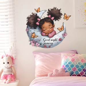 Cartoon African Girl Sleeping On Moon Wall Sticker Butterfly Floral Decorative PVC Decal For Kids Nursery Bedroom Home Decor