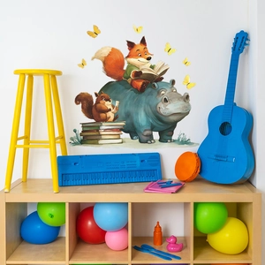 Cute cartoon forest animals reading books wall sticker for children's room decoration