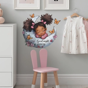 Cartoon girl sleeping on the moon wall sticker with butterflies for kids bedroom decor
