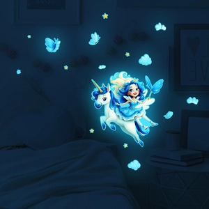 Luminous cartoon unicorn fairy wall stickers with glowing stars and clouds for toilet