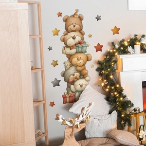 Cartoon teddy bear wall decals with stars for nursery decoration and kids room wall art