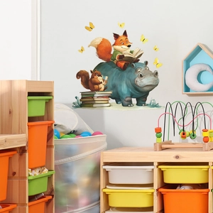 Cute cartoon animal wall stickers featuring a fox reading on a hippo for kids room deco