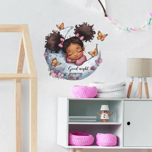 Watercolor wall sticker of a sleeping girl on the moon with butterflies for girl nursery