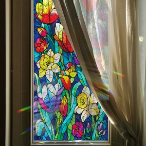 Floral laser stained glass window film with colorful tulips for privacy and decoration