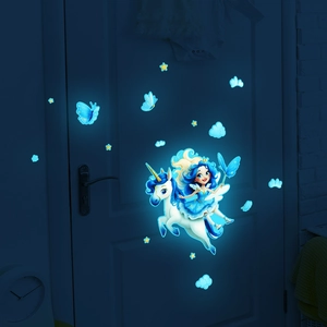 Glow in the dark unicorn and fairy wall stickers set with stars and clouds