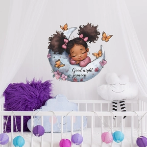 Cartoon girl sleeping on moon wall decal with butterflies and Good Night Princess text