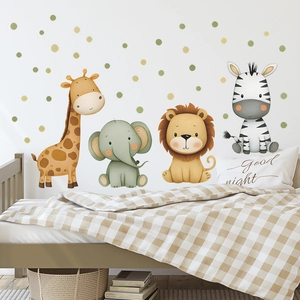 Morandi dot wall stickers with cartoon giraffe, elephant, lion and zebra for kids room decor