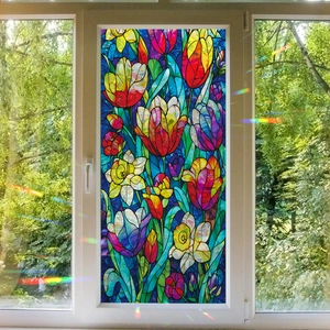 Stained glass floral window film with colorful tulips and sunlight refraction effects