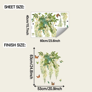 Dimensioni e layout dell'adesivo murale con fiori e farfalle foglio 40x60cm
