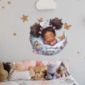 Cartoon girl sleeping on moon wall sticker with flowers and Good Night Princess text
