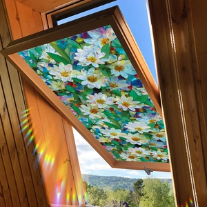 Laser white daisy flower window film with green leaves and colorful rainbow light effect