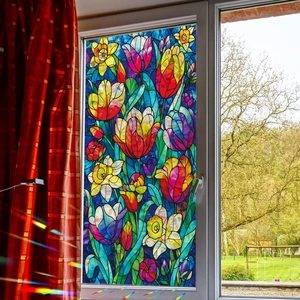 Laser tulip floral static cling glass film for window privacy and home decoration
