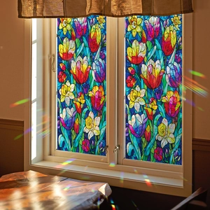 Stained glass floral window film with prism effect featuring tulips and narcissus