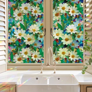 Laser frosted window privacy film with white daisy and green leaf floral pattern
