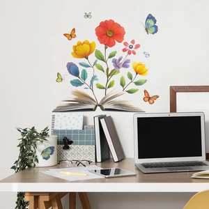 Adesivi murali creativi libro fiori e farfalle per decorazioni domestiche su muro bianco