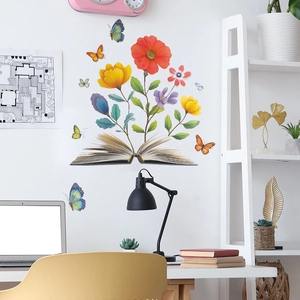 Adesivo da parete creativo libro con fiori e farfalle per decorazioni domestiche moderne