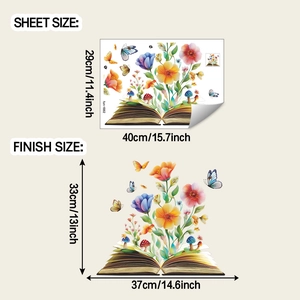 Floral book and butterfly wall sticker sheet size 29x40cm and finish size 33x37cm details
