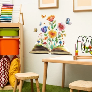 Creative floral book and butterfly wall sticker for living room and nursery decor