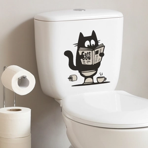 Whimsical black cat reading newspaper wall sticker for bathroom toilet tank decor