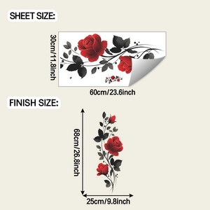 Detailed sheet size and finish size guide for red rose wall decal with black leaves