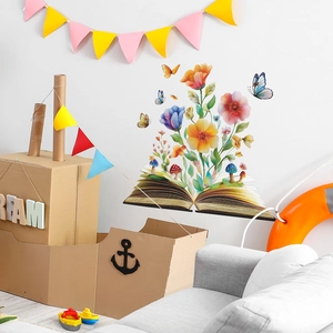 Creative floral wall sticker featuring flowers and butterflies blooming from a book